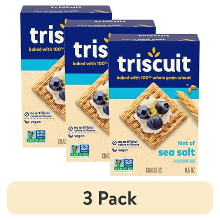 (3 pack) Triscuit Hint of Sea Salt Whole Grain Wheat Crackers, Vegan Crackers, Vegan Snacks, 8.5 oz