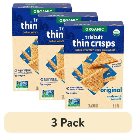 (3 pack) Triscuit Organic Original Whole Grain Wheat Crackers, Organic Crackers, Vegan Snacks, 6.5 oz