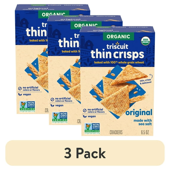 (3 pack) Triscuit Organic Original Whole Grain Wheat Crackers, Organic Crackers, Vegan Snacks, 6.5 oz