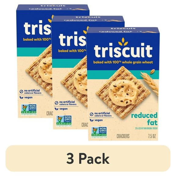 (3 pack) Triscuit Reduced Fat Whole Grain Wheat Crackers, Vegan Crackers, Vegan Snacks, Lunch Snacks, 7.5 oz