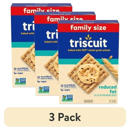 (3 pack) Triscuit Reduced Fat Whole Grain Wheat Crackers, Vegan Crackers, Family Size, 11.5 oz