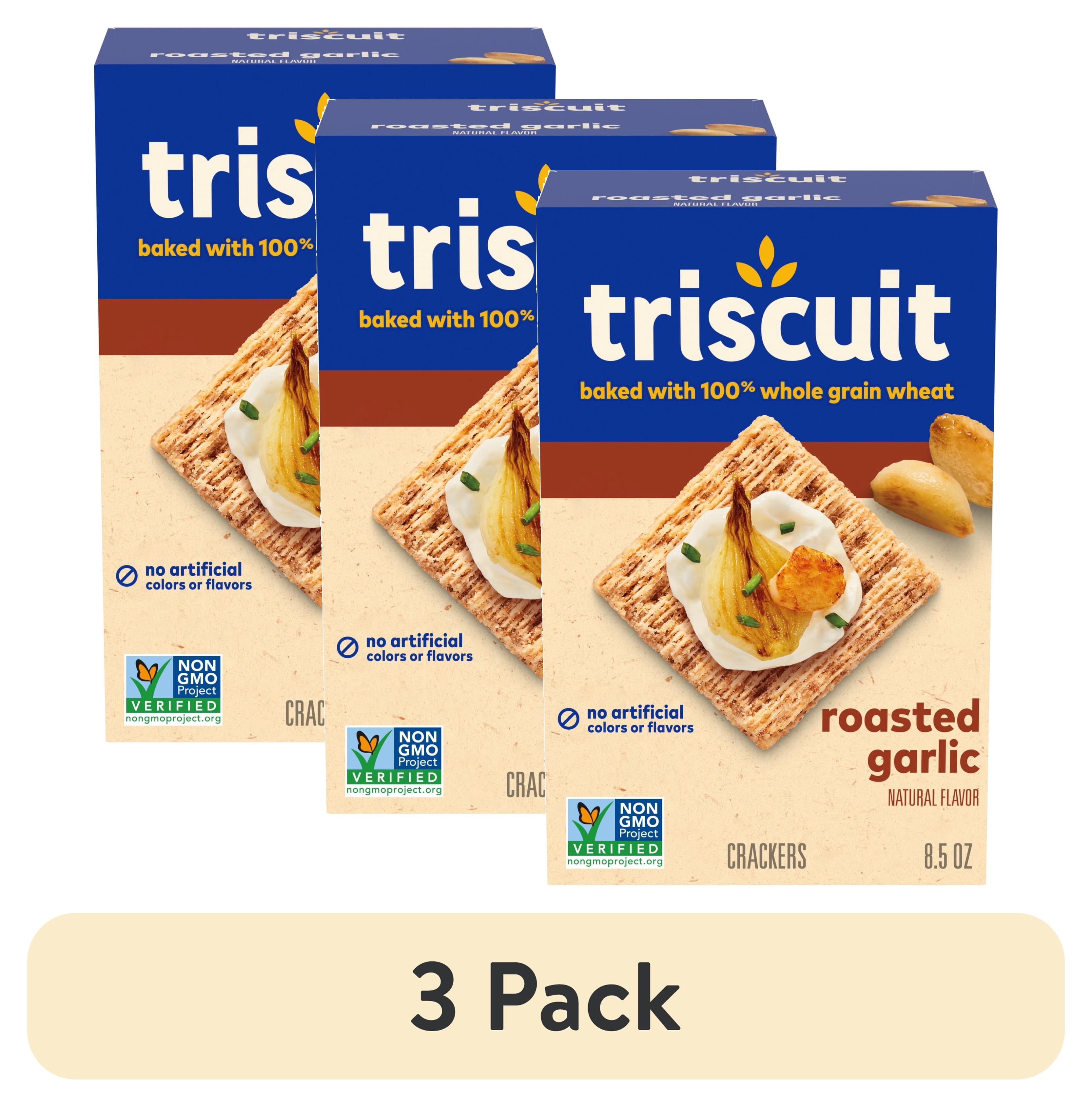 (3 pack) Triscuit Roasted Garlic Whole Grain Wheat Crackers, Lunch Snacks, Snack Crackers, 8.5 oz