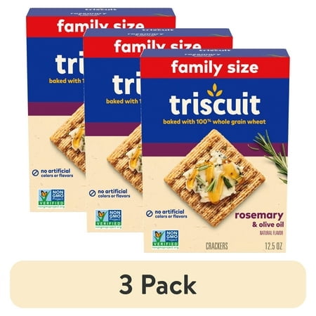 (3 pack) Triscuit Rosemary & Olive Oil Whole Grain Wheat Crackers, Snack Crackers, Family Size, 12.5 oz