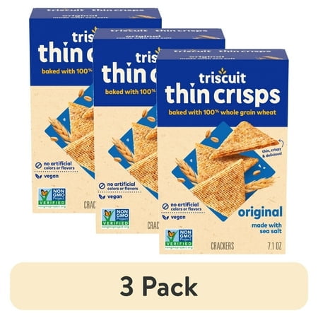 (3 pack) Triscuit Thin Crisps Original Whole Grain Wheat Crackers, Vegan Snacks, Snack Crackers, 7.1 oz