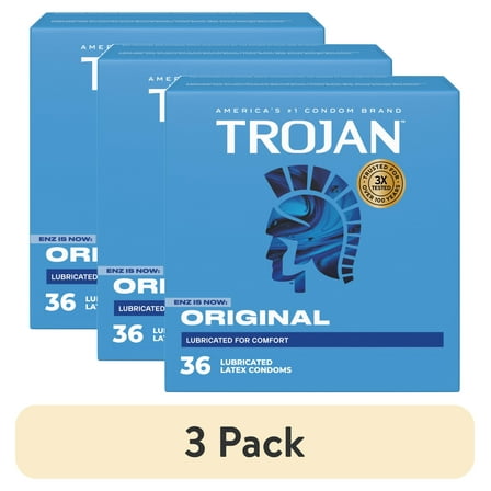(3 pack) Trojan Original Latex Lubricated Condoms for Men, Classic Straight Shape, 36 Count