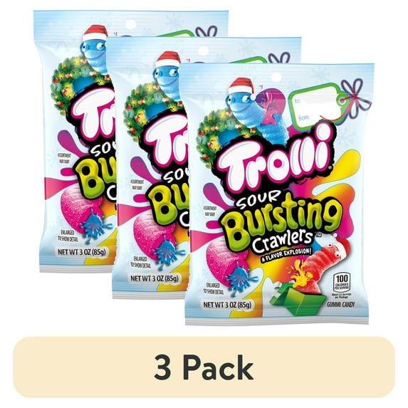 (3 pack) Trolli Sour Bursting Crawlers, Sour Gummy Candy, Cherry Pineapple, Blue Raspberry Strawberry, Strawberry Grape, Mango, Christmas Candy, 3 oz