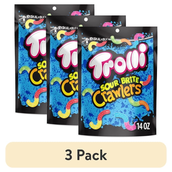 (3 pack) Trolli Sour Brite Crawlers, Candy, Cherry-Lemon, Strawberry-Grape & Orange-Lime, Sweet and Sour, Gummy Worms, 14 oz Bag