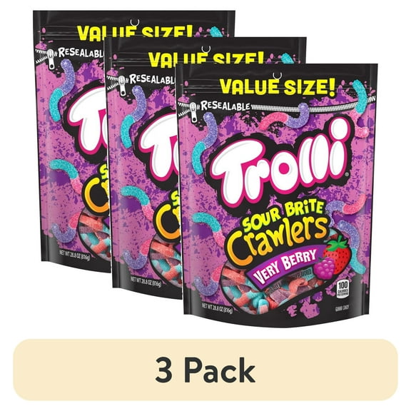 (3 pack) Trolli Sour Brite Crawlers, Candy, Very Berry, Sweet and Sour, Gummy Worms, 28.8 oz Bag