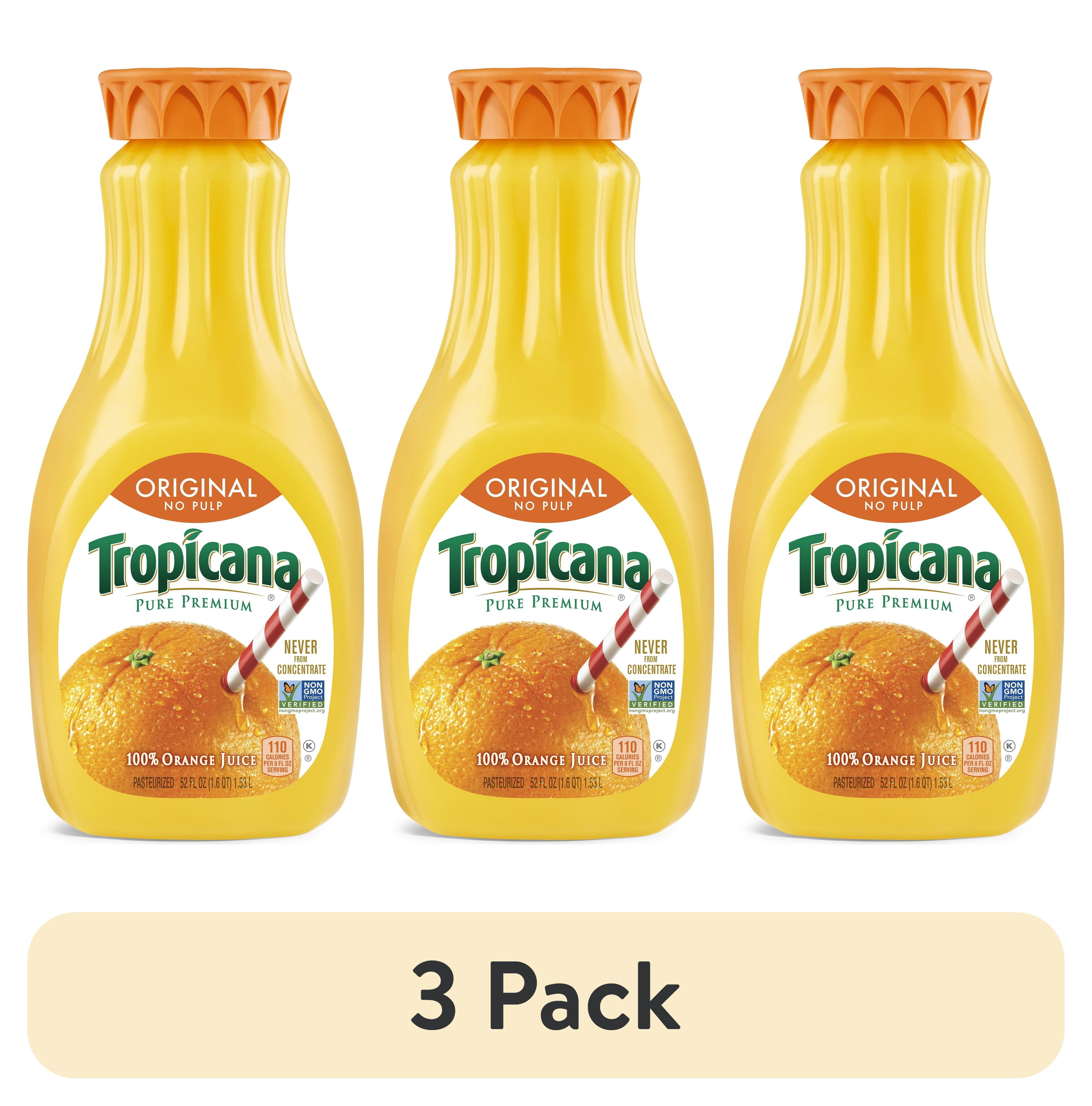 (3 pack) Tropicana Original No Pulp 100% Orange Juice, 52 fl oz, Fruit Juice
