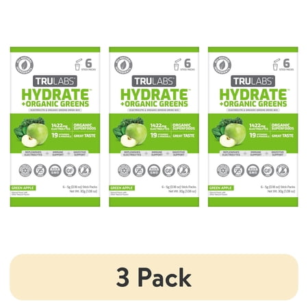 (3 pack) TruLabs Hydrate + Greens Electrolyte Drink Mix, Green Apple, 6 Count