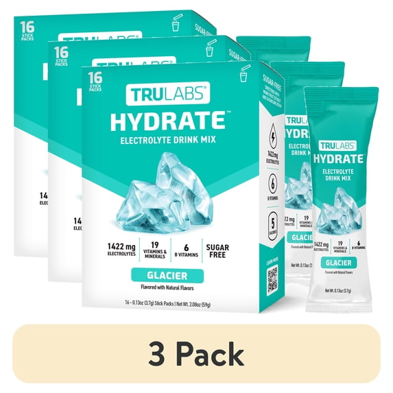 (3 pack) TruLabs Hydrate Powders Glacier, Electrolyte Drink Mix, 16 Stick Packets