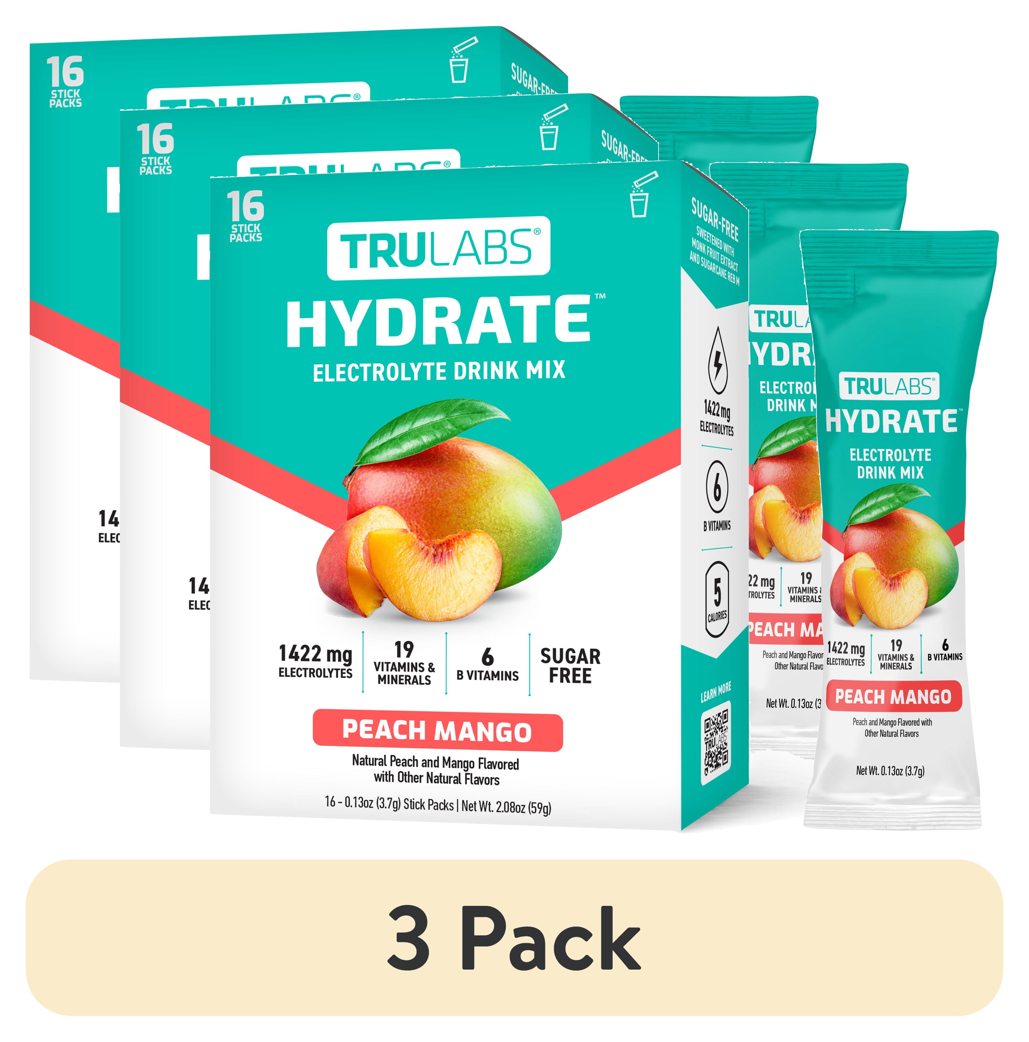 (3 pack) TruLabs Hydrate Powders Peach Mango, Electrolyte Drink Mix, 16 Stick Packets