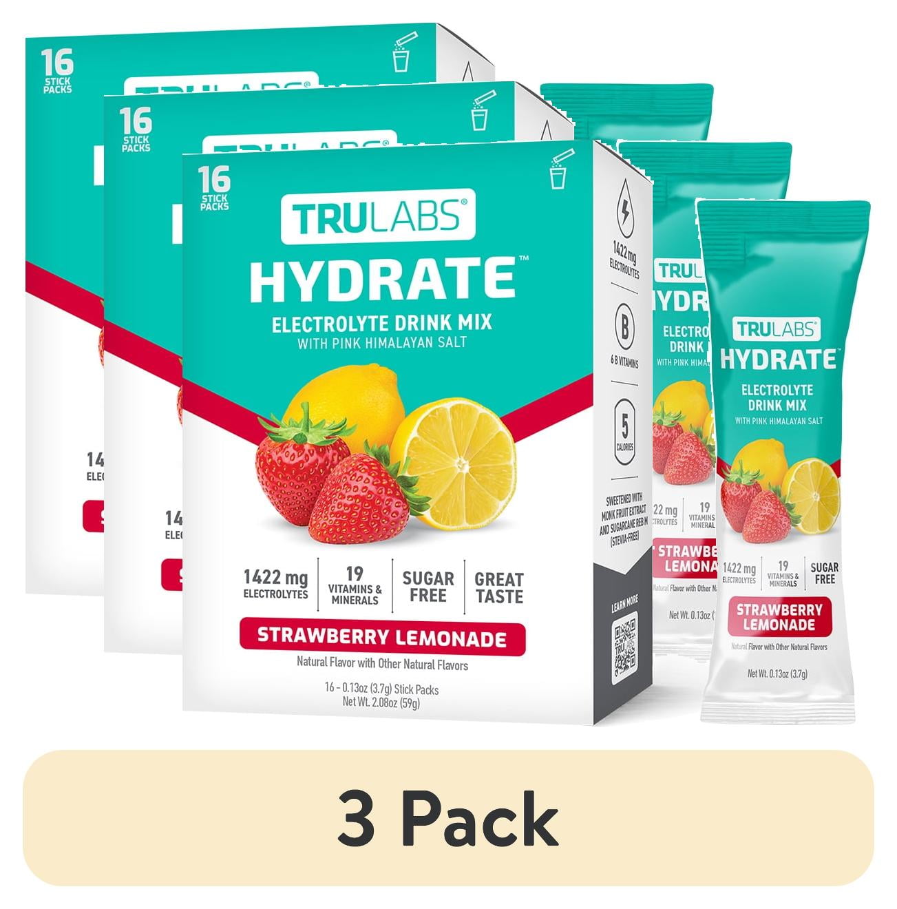 3 pack) TruLabs Hydrate Powders Strawberry Lemonade, Electrolyte Drink Mix, 16 Stick Packets