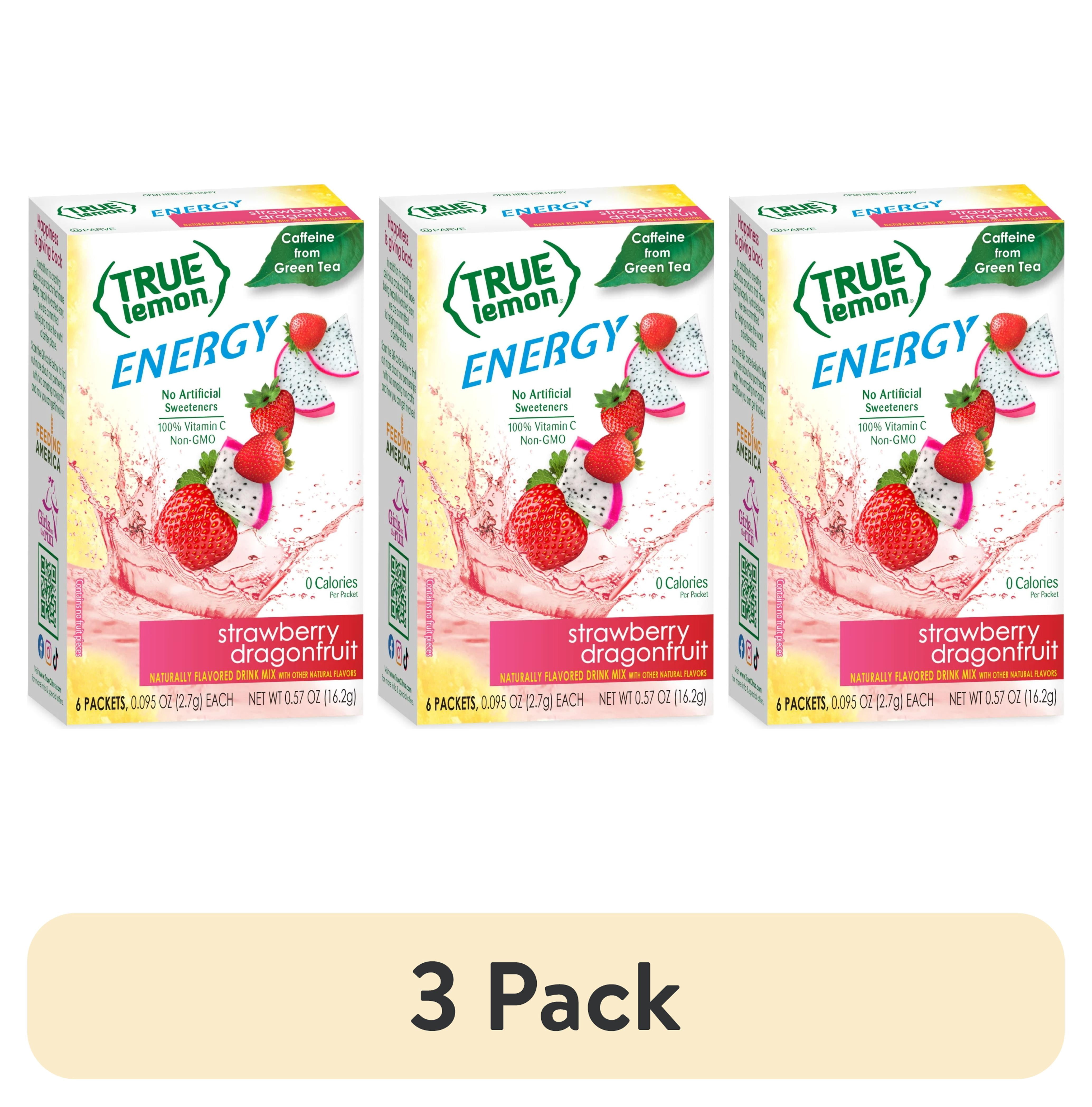 (3 pack) True Lemon Strawberry Dragonfruit Energy Drink Mix, 0 Sugar, No Artificial Sweeteners, 6 Count Box