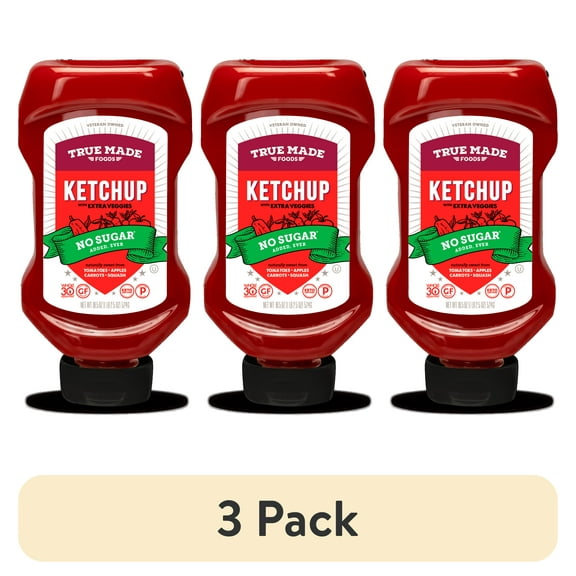 (3 pack) True Made Foods No Sugar Added Ketchup, 18.5oz Squeeze Bottle