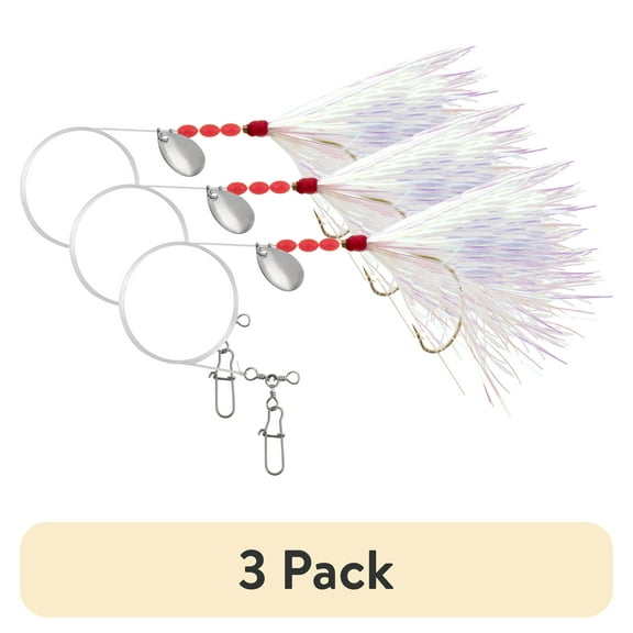 (3 pack) Tsunami Fluke Fishing Rig 40 lb Mono Leader with 2/0 Kahle Hook – Pearl Flashabou Skirt