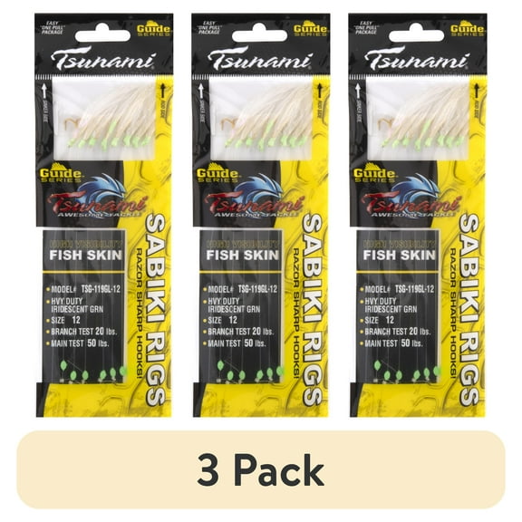 (3 pack) Tsunami Heavy-Duty Sabiki Rig Fishing Lure, Iridescent Green, Size 12 Hook