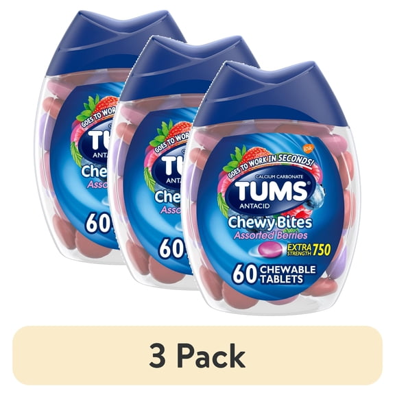 (3 pack) Tums Chewy Bites Heartburn Relief Chewable Antacid Tablets, Berry, 60 Ct