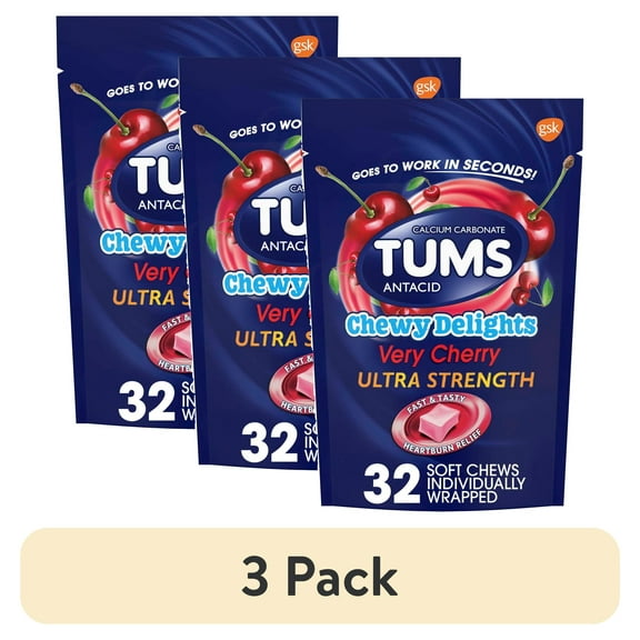 (3 pack) Tums Chewy Delights Ultra Strength Heartburn Relief Antacid Soft Chews, Very Cherry, 32 Count