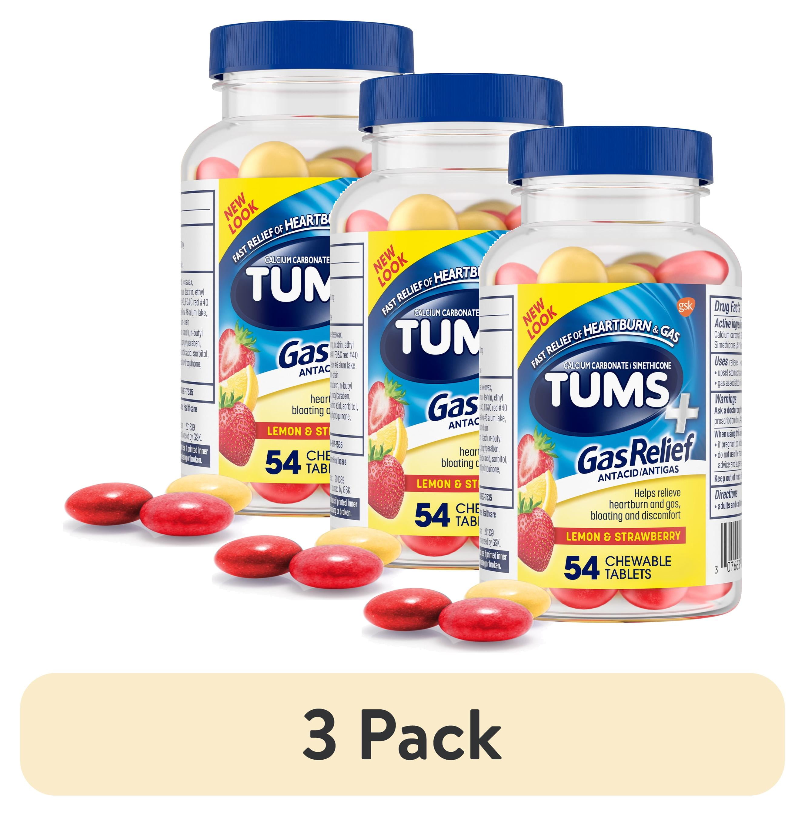 (3 pack) Tums+ Gas Relief, Chewy Bites Chewable Antacid Tablets, Lemon/Strawberry, 54 Count