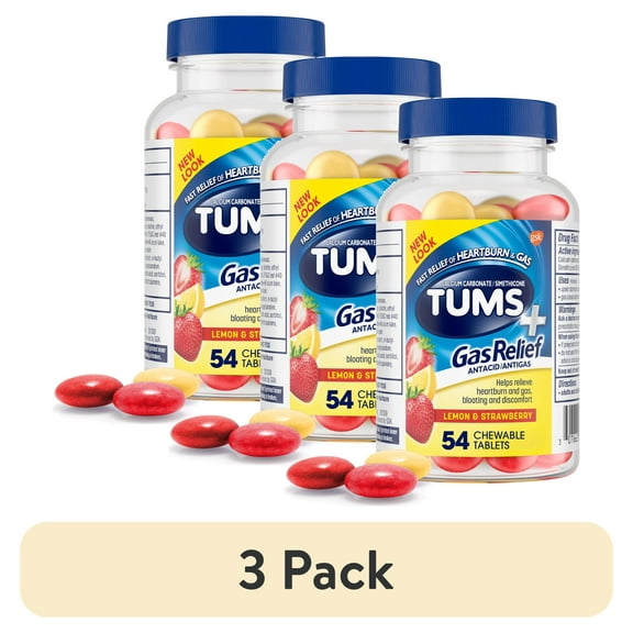 (3 pack) Tums+ Gas Relief, Chewy Bites Chewable Antacid Tablets, Lemon/Strawberry, 54 Count