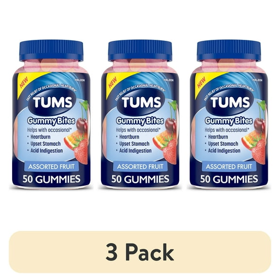 (3 pack) Tums Gummy Bites Dietary Supplement for Occasional Heartburn Relief, Assorted Fruit Flavors - 50 Count