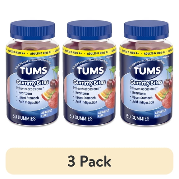 (3 pack) Tums Gummy Bites Dietary Supplement for Occasional Heartburn Relief, Assorted Fruit Flavors - 50 Ct