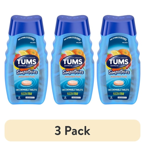 (3 pack) Tums Smoothies Extra Strength Heartburn Relief Chewable Antacid Tablets, Fruit, 140 Count