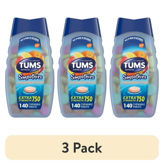 (3 pack) Tums Smoothies Extra Strength Heartburn Relief Chewable Antacid Tablets, Fruit, 140 Count