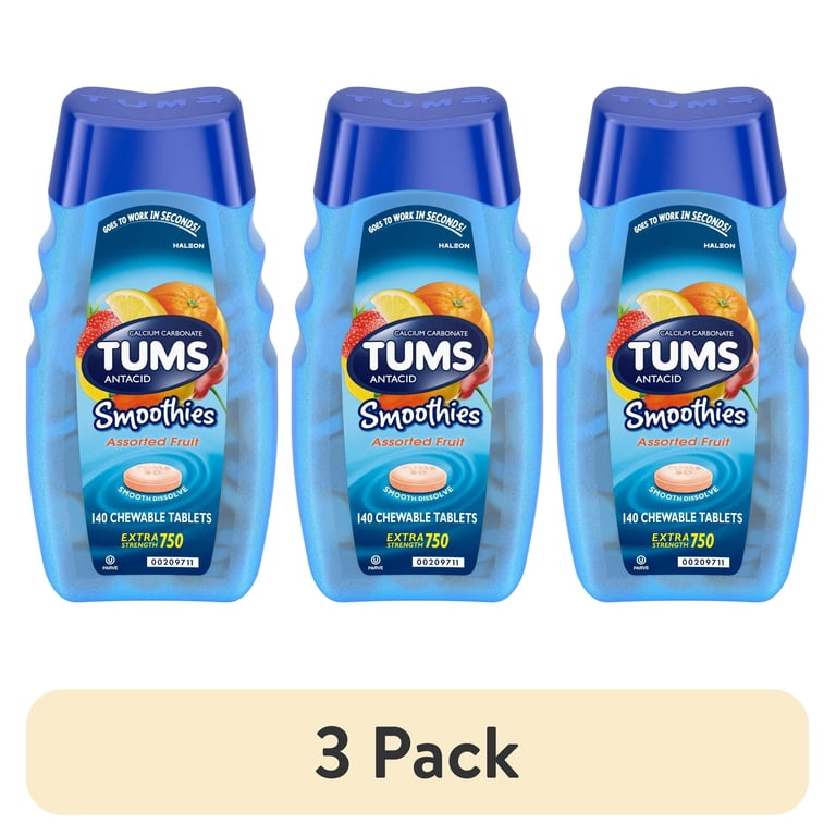(3 pack) Tums Smoothies Extra Strength Heartburn Relief Chewable Antacid Tablets, Fruit, 140 Count