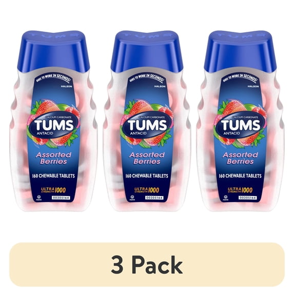 (3 pack) Tums Ultra Strength Heartburn Relief Chewable Antacid Tablets, Berry, 160 Count