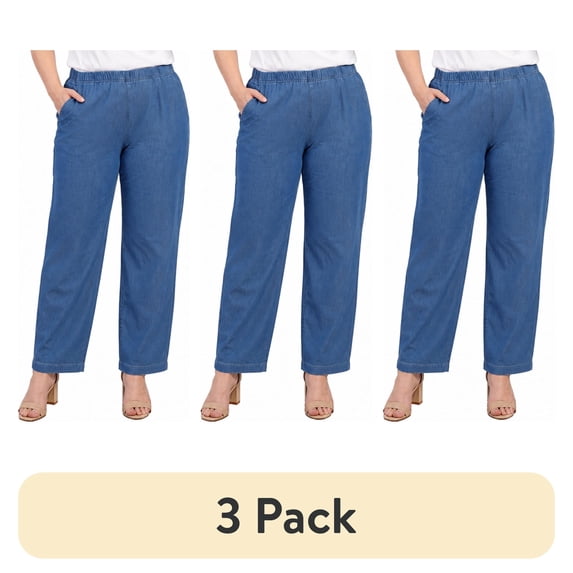 (3 pack) Turtle Bay New York Women's Lightweight Pull-On Stretch Denim Jeans, Elastic Waist Relaxed Fit Plus Sizes Available