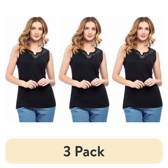 (3 pack) Turtle Bay New York Women's Rhinestone Notch V-neck Knitted Tank Top