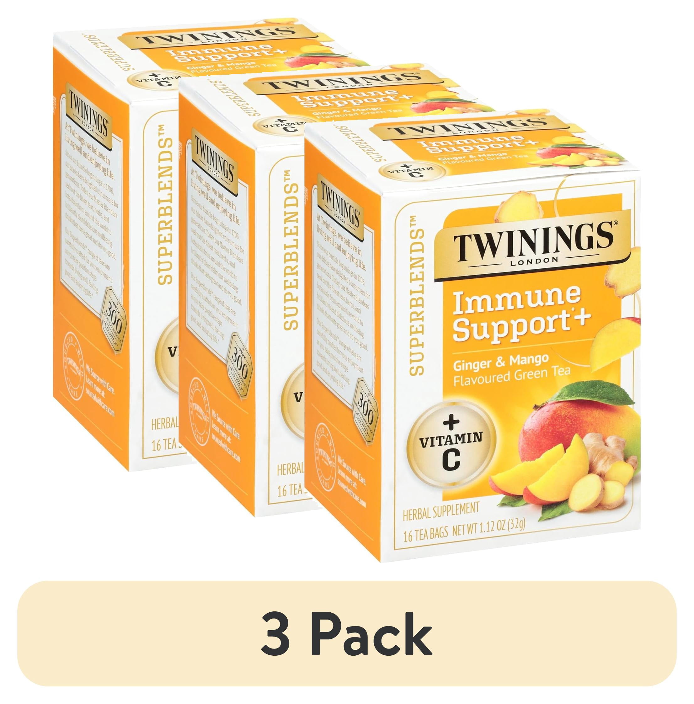 (3 pack) Twinings, Immune Support+ Green Tea, Ginger & Mango, 16 Tea Bags, 1.12 oz (32 g)