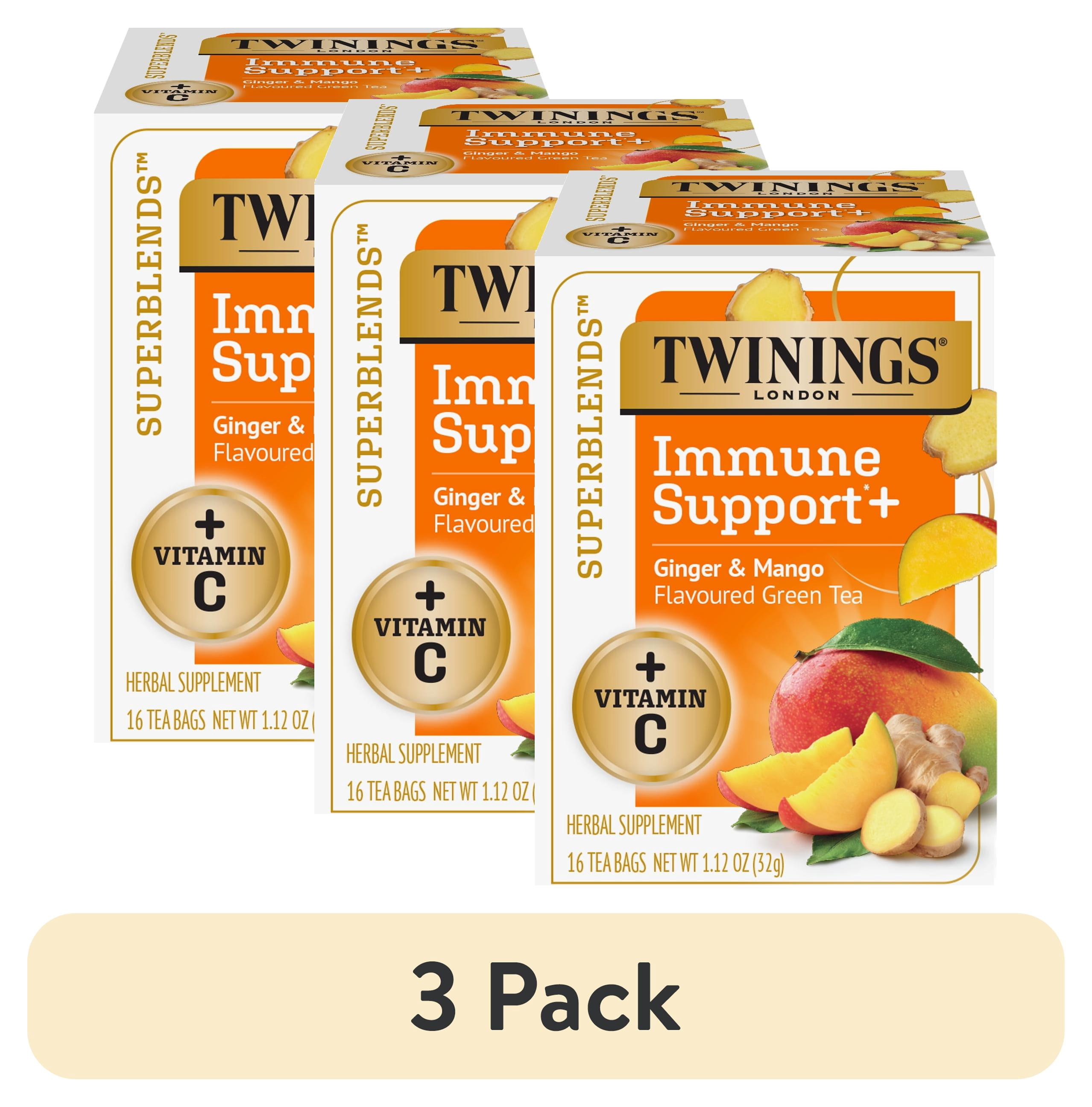 (3 pack) Twinings Immune Support+ Vitamin C, Ginger & Mango Green Tea Bags, 16 Count Box