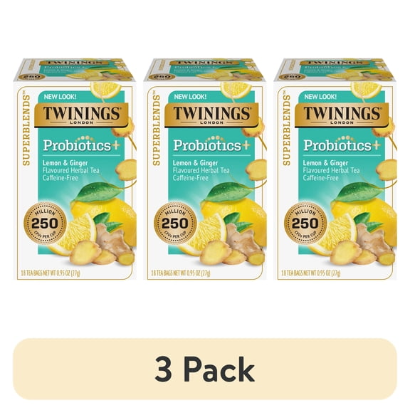 (3 pack) Twinings Probiotics+, Lemon & Ginger Herbal Tea Bags, Caffeine Free, 18 Count Box