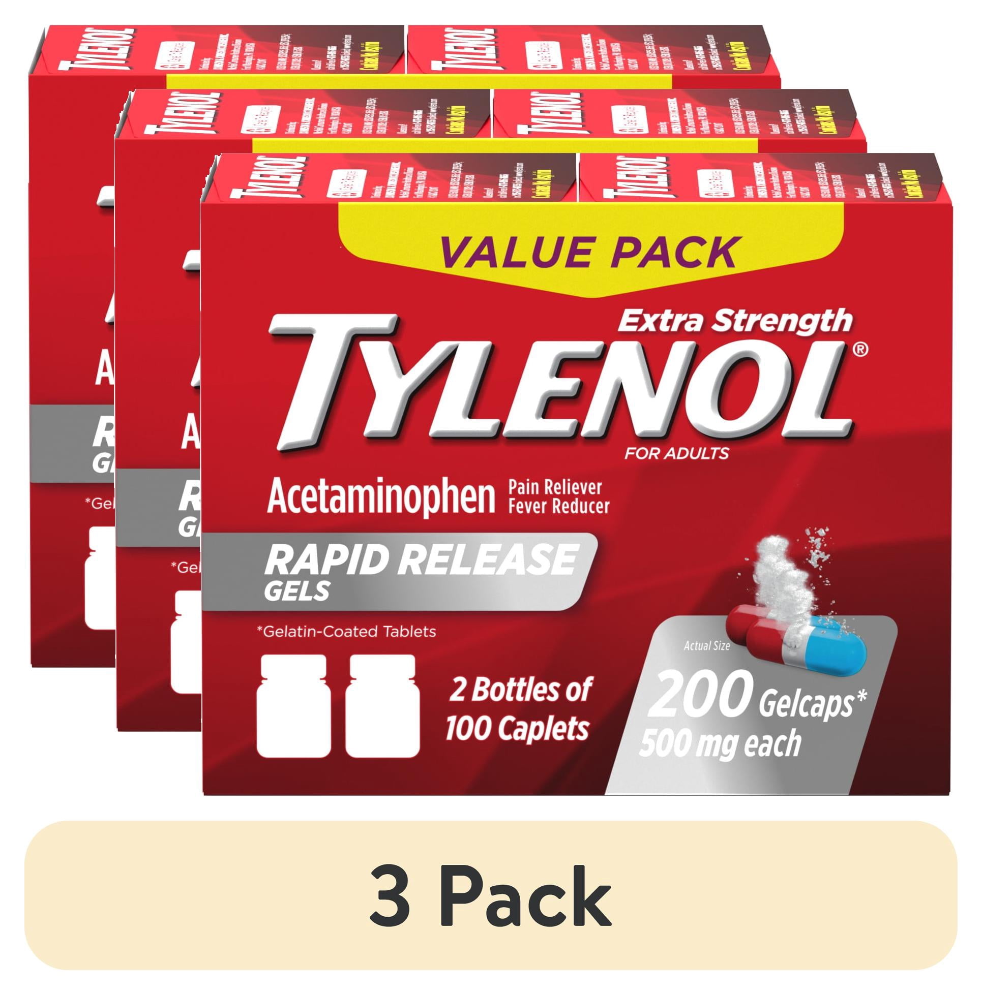 (3 pack) Tylenol Extra Strength 500 mg Acetaminophen Rapid Release Gels, Value Size, 100 x 2 Count