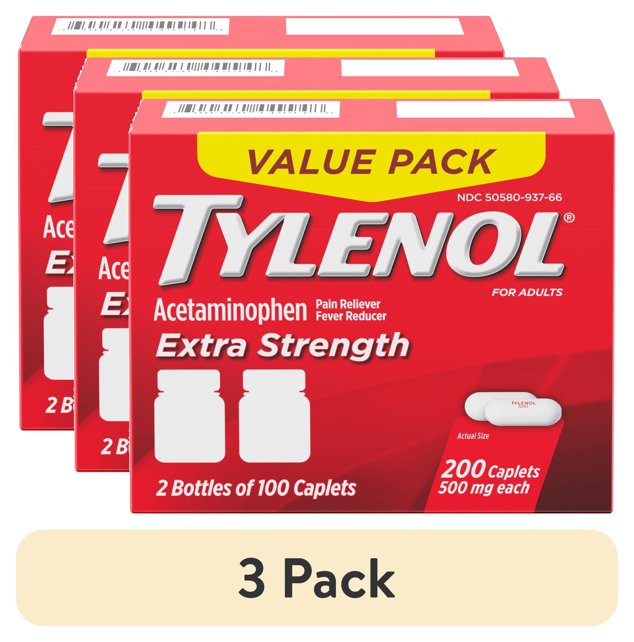 (3 pack) Tylenol Extra Strength 500mg Pain Relief Acetaminophen Caplets, Value Size, 100 Count, Two Pack