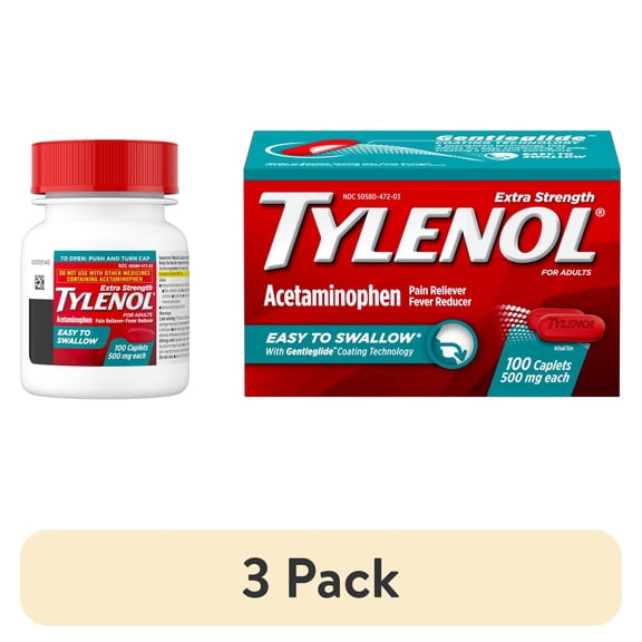 (3 pack) Tylenol Extra Strength Acetaminophen, Easy to Swallow Caplets, 100 Count