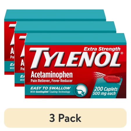 (3 pack) Tylenol Extra Strength Acetaminophen, Easy to Swallow Caplets, Value Size, 200 Count