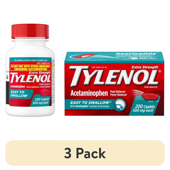 (3 pack) Tylenol Extra Strength Acetaminophen, Easy to Swallow Caplets, Value Size, 200 Count