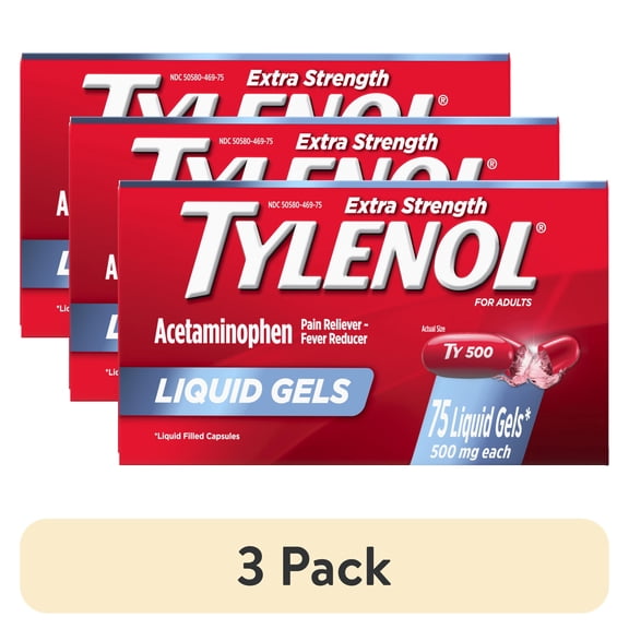 (3 pack) Tylenol Extra Strength Acetaminophen Liquid Gels, Fast, Strong Relief, Gentle on Stomach, 75 Count