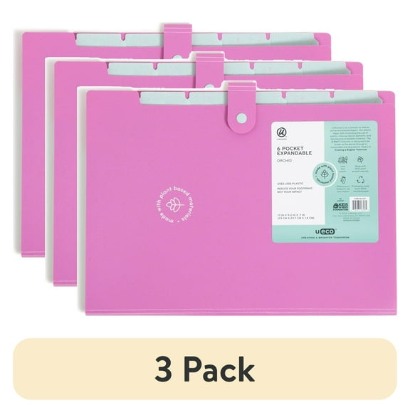 (3 pack) U Brands U-Eco 6 Pocket Expandable File Folder, Open Top Folder, Pink and Gray