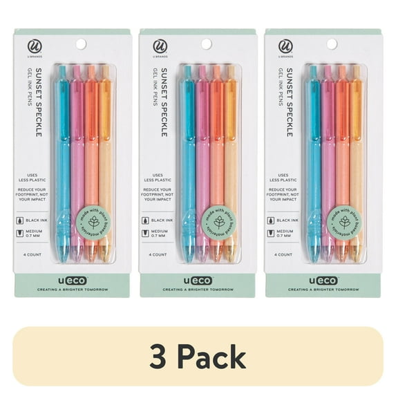(3 pack) U Brands U Eco Gel Pens, Retractable, Assorted Colors, 4 Count, Black Ink, 0.7mm