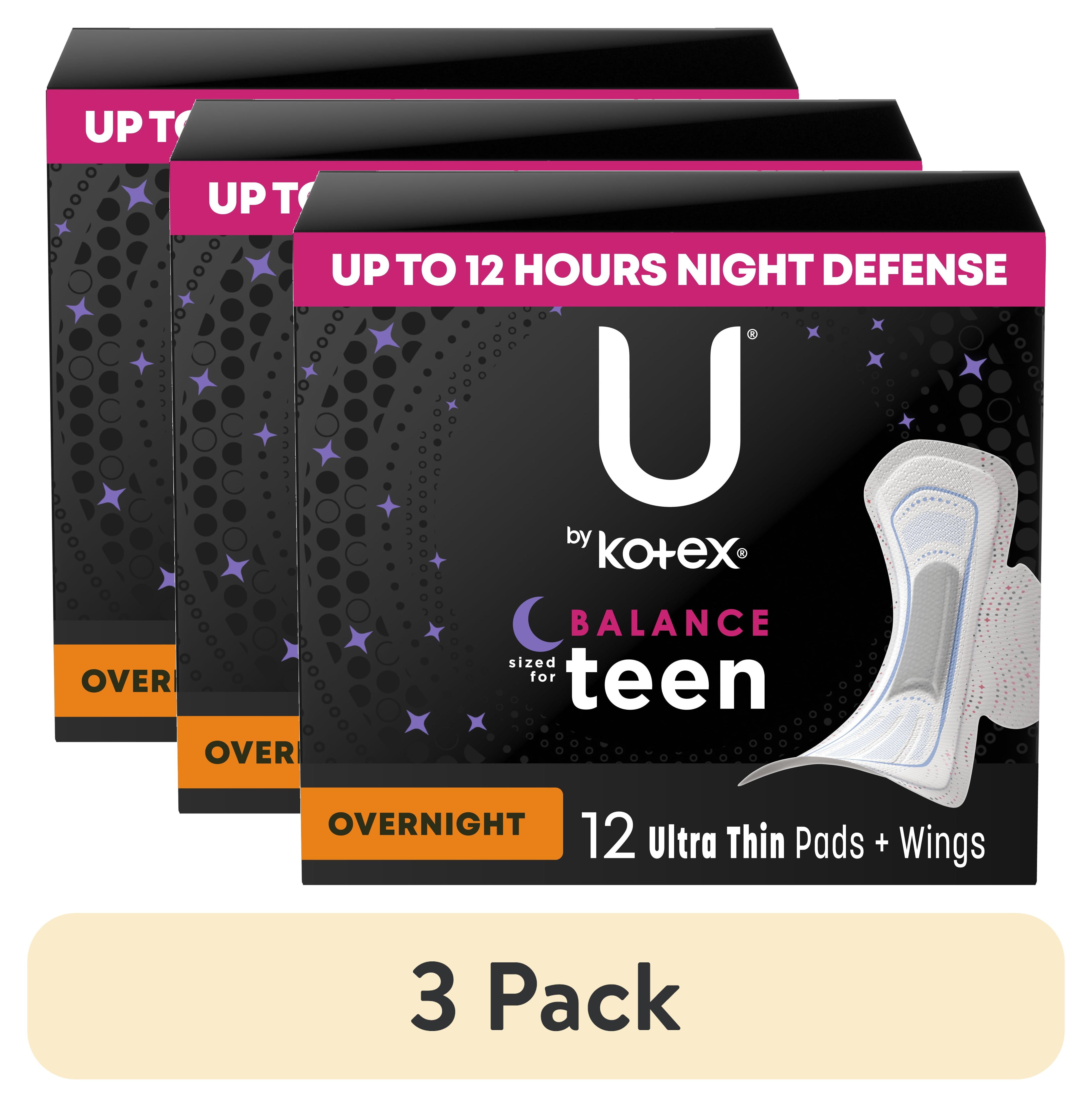 (3 pack) U by Kotex Balance Sized for Teens Ultra Thin Overnight Pads with Wings, 12 Count