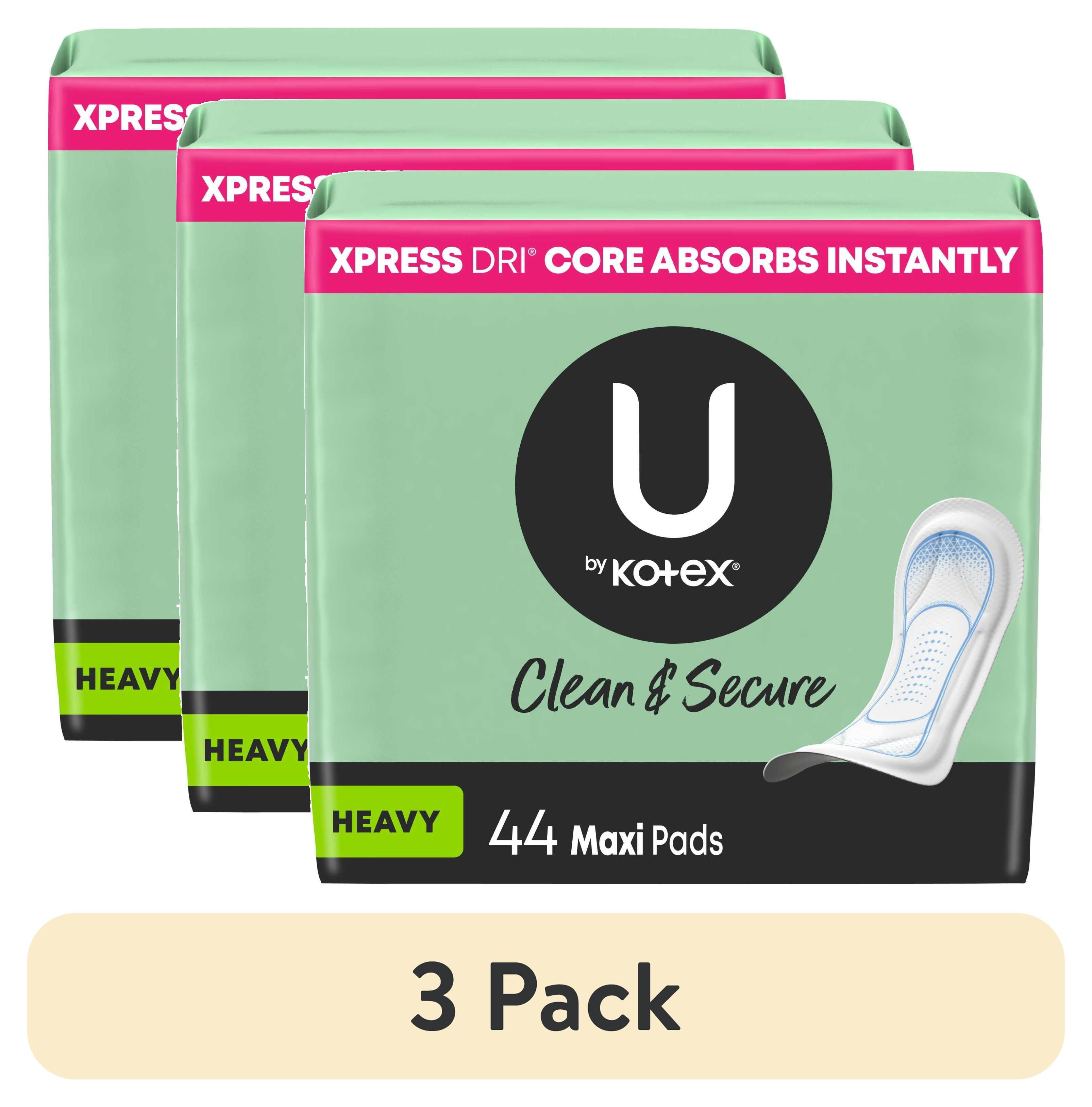 (3 pack) U by Kotex Clean & Secure Maxi Pads, Heavy Absorbency, 44 Count