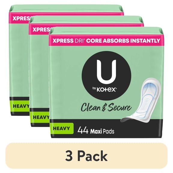 (3 pack) U by Kotex Clean & Secure Maxi Pads, Heavy Absorbency, 44 Count