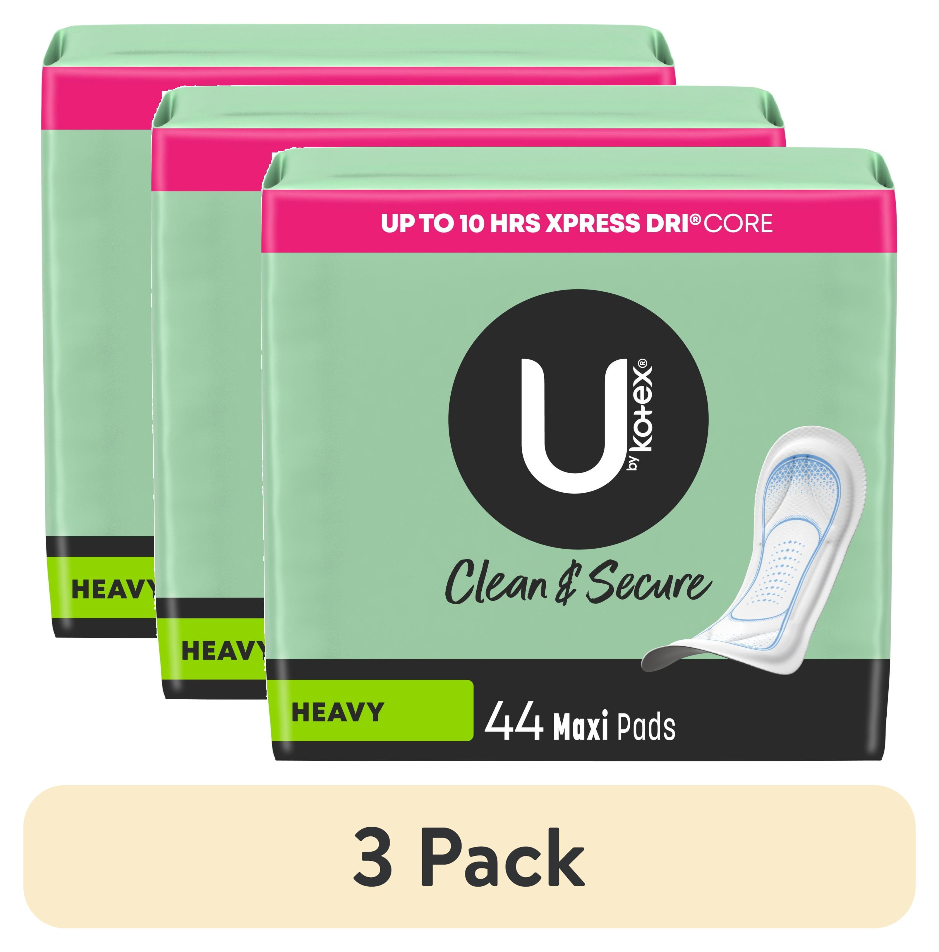 (3 pack) U by Kotex Clean & Secure Maxi Pads, Heavy Absorbency, 44 Count