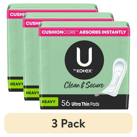 (3 pack) U by Kotex Clean & Secure Ultra Thin Pads, Heavy Absorbency, 56 Count