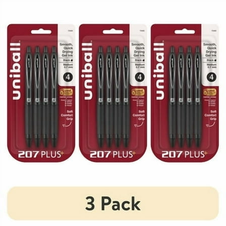 (3 pack) uniball 207 Plus+ Retractable Gel Pens, Medium Point (0.7mm), Black Ink, 4 Count